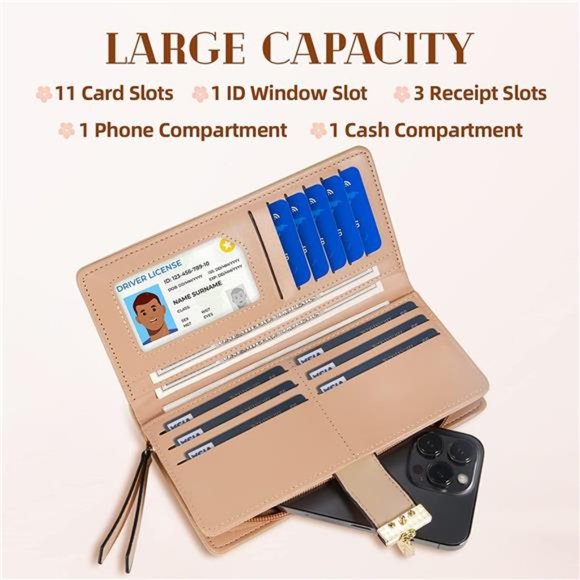 Women's Long Leaf Bifold Wallet Leather Card Holder Purse Zipper Buckle Clutch - Picture 4 of 6